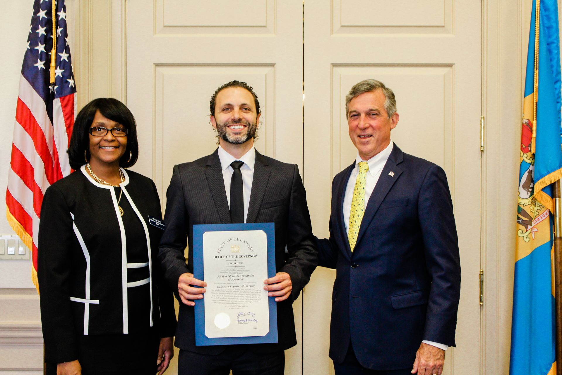 Argentek CEO Andres Molanes with Governor John Carney and SBA Delaware Region Director Michelle Harris